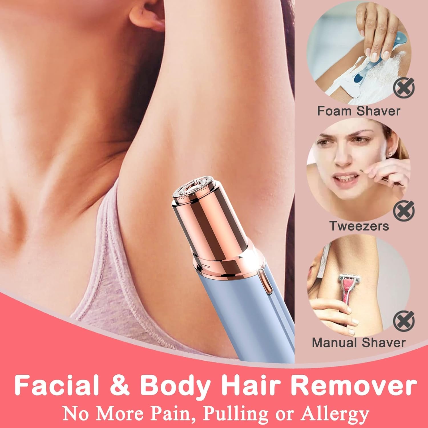 Facial Hair Remover, Removal Shaver for Women,  USB Rechargeable IPX6 Waterproof Eyebrow Face Razor Trimmer for Lips, Body, Arms, Mustaches, Fuzz and Chin (Blue)